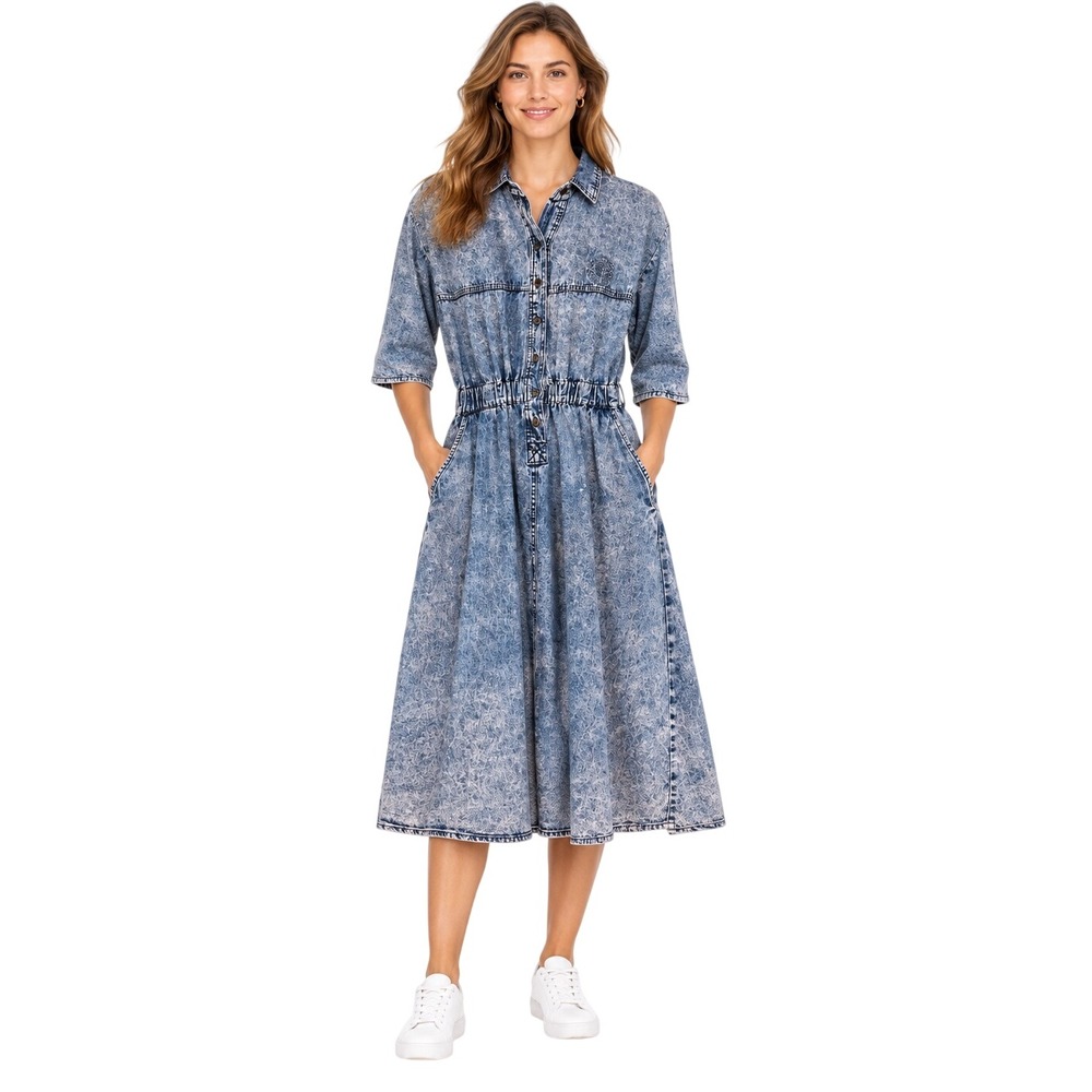 Mizz Lizz Vintage Acid Wash Denim Midi Dress Blue Cotton Button Front Womens M